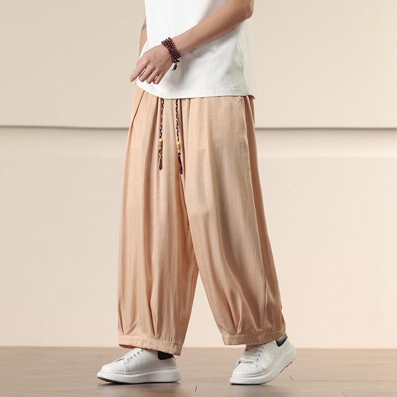 パンツ メンズ 春夏 薄手 軽量 形態安定 綿 竹繊維混 無地 ゆったり ワイド サルエルパンツ 大きいサイズ ウエストゴム ドローストリング デイリーユース タウンユース カジュアル