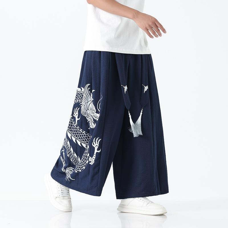 パンツ メンズ 大きいサイズ 中国風 漢服スタイル 新中式 夏物 薄手 ハイウエスト ワイドパンツ 八分丈 高伸縮性 カジュアル ゆったり