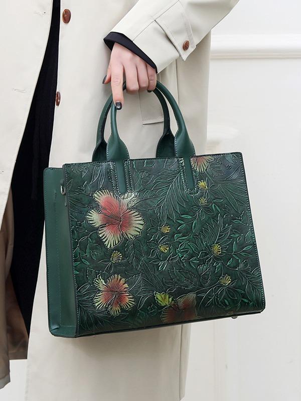 バッグ レディース ママ ミセス 軽やか 上品 高級感 大容量 トートバッグ 個性的 花柄 デザイン ファスナー開閉 手提げ ショルダーバッグ 斜め掛け PUレザー 縦型 スクエア型 デイリーユース 通勤 通学 お出かけ 整理しやすい グリーン