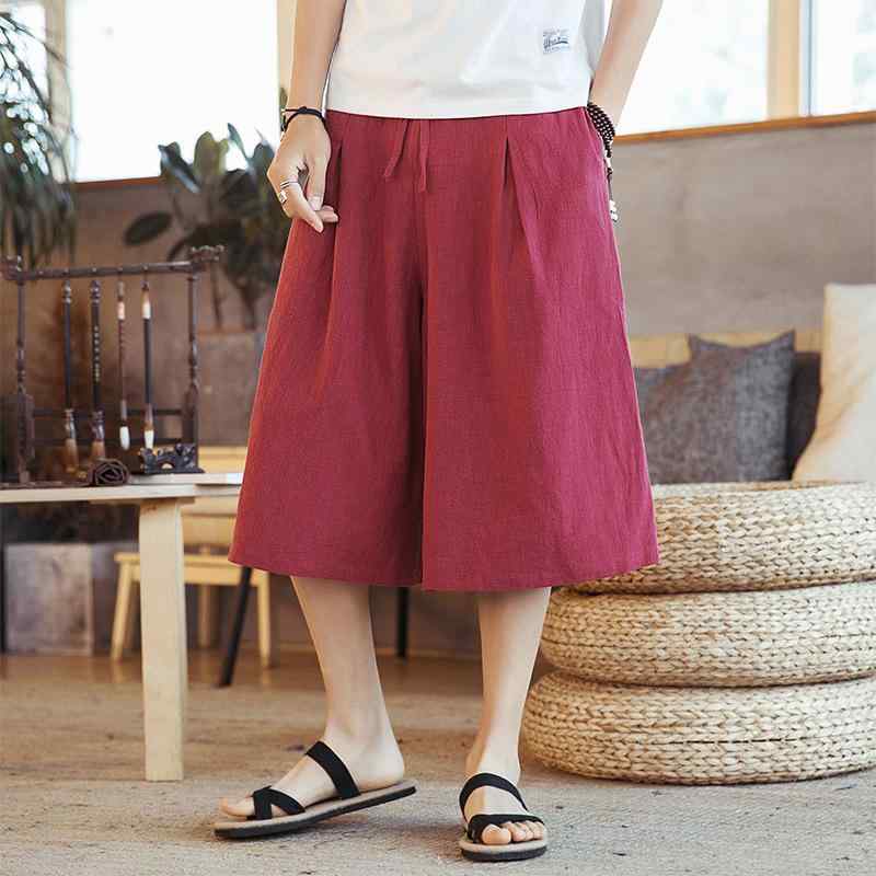 カジュアルパンツ メンズ 夏用 中国風 レトロ 無地 綿麻素材 ゆったり ルーズフィット 七分丈 サルエル ミドルウエスト 大きいサイズ