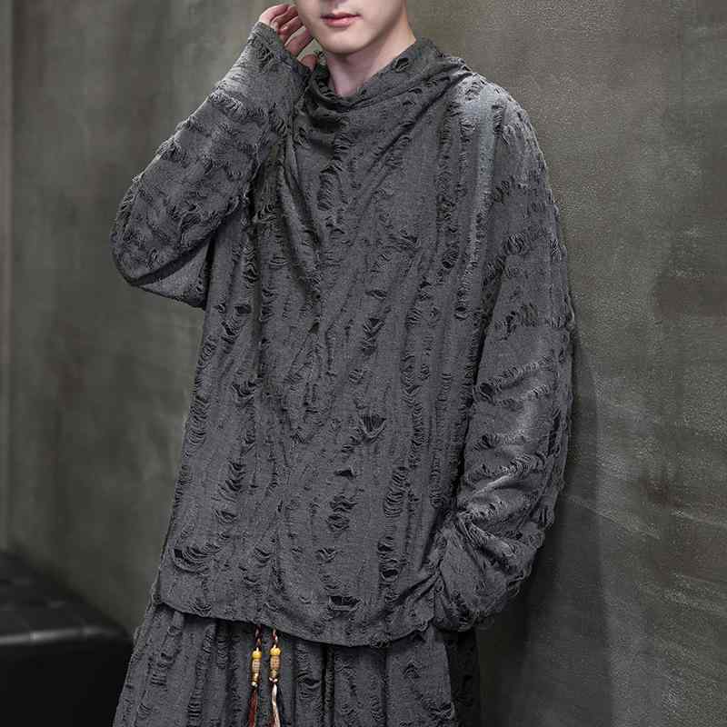 Tシャツ メンズ 中国風 ダメージ加工 透かしデザイン 個性的なデザイン タートルネック 長袖 秋冬 綿 コットン ゆったり ルーズフィット 大きいサイズ ビッグシルエット カジュアル 部屋着 黒 グレー