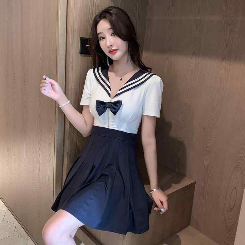 ワンピース レディース セーラー服 JK制服 半袖 リボン プリーツスカート チェック柄 学院風 スクール風 コスプレ 衣装 かわいい ポリエステル素材 春夏