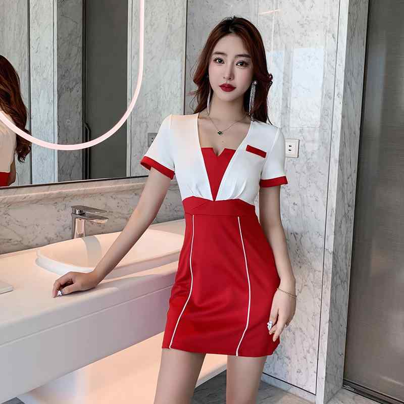 ワンピース レディース エステ サロン 美容院 マッサージ ユニフォーム 制服 業務用 Vネック 半袖 タイトスカート 高級感 ポリエステル素材 ストレッチ 無地 ショート丈 春夏 きれいめ 大人女子