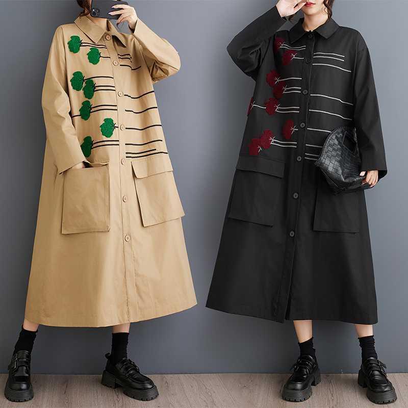 シャツジャケット 秋冬 ゆったり 大きいサイズ 切り替え プリント 長袖 カジュアル シンプル フェミニン 麻混 襟付き ブラック カーキ 6,175円