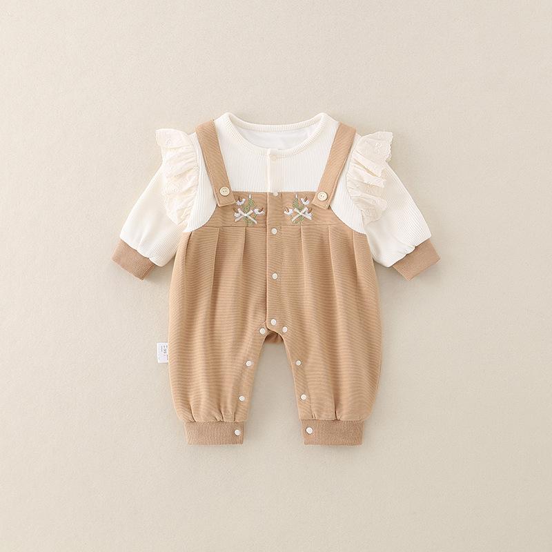 カバーオール 女の子 ベビー 春秋 長袖 A類基準 綿 ジャカード織り 肌に優しい 厚手 前開きスナップボタン ロンパース お出かけ用 出産祝い お宮参り プリンセス風