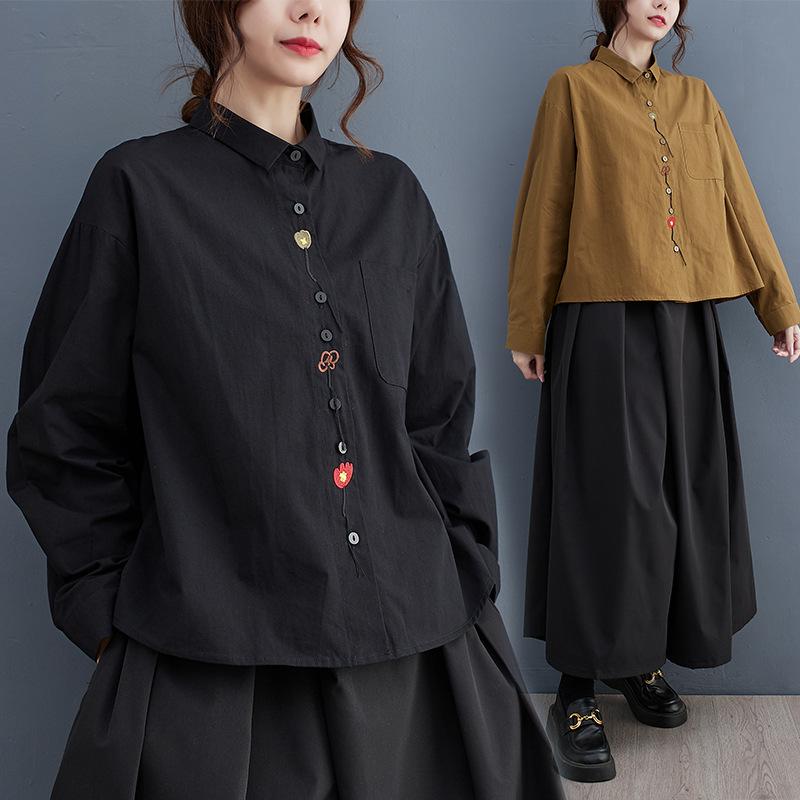 シャツ レディース 刺繍 長袖 ポロ襟 ゆったり ルーズフィット 通勤 オフィス カジュアル きれいめ レトロ ヴィンテージライク 綿100% ポケット付き