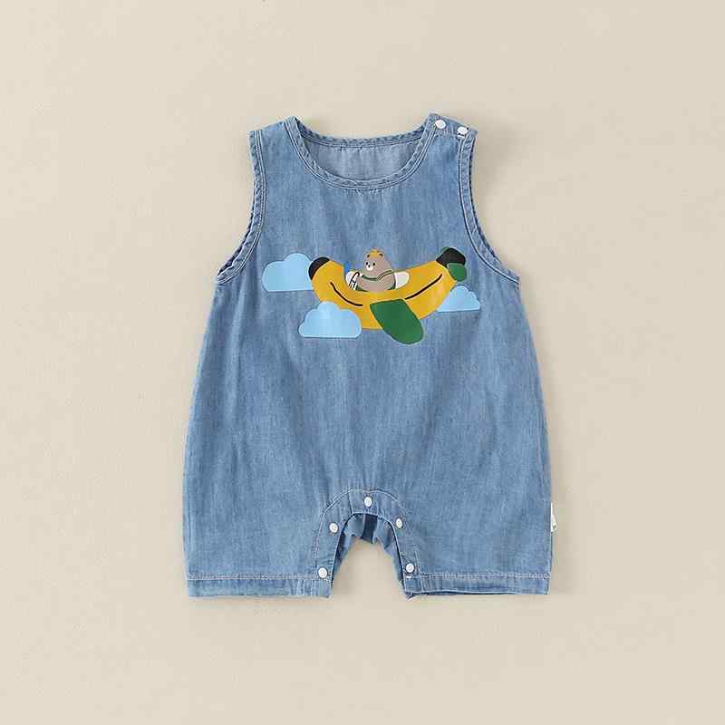 ロンパース 男の子 ベビー 夏用 薄手 綿 コットン A類 肌に優しい ノースリーブ かわいい キャラクタープリント おしゃれ 韓国風 ブルー ショート丈 カバーオール
