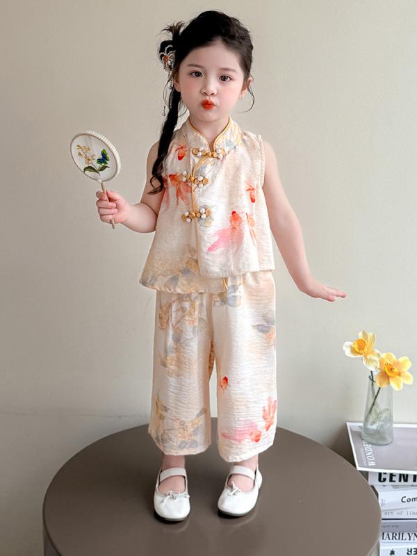 チャイナ服 キッズ 女の子 子供服 ガールズ 夏物 薄手 ゆったり 柔らかい ノースリーブ トップス ワイドパンツ 九分丈 上下 2点セット 中国風 セットアップ