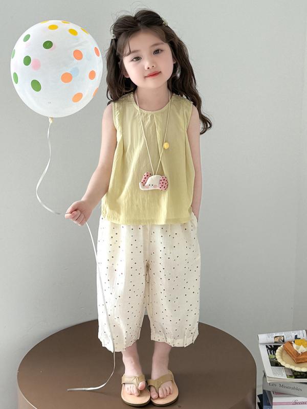 セットアップ 女の子 キッズ 夏物 ノースリーブ 薄手 ドット柄 韓国風 おしゃれ パンツ 上下 2点セット グリーン ピンク