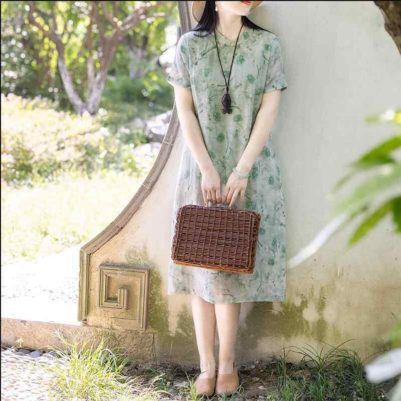 ワンピース レディース チャイナドレス 半袖 綿麻 リネン混 レトロプリント スタンドカラー Aライン ミモレ丈 ハイウエスト 着痩せ効果 カジュアル 緑