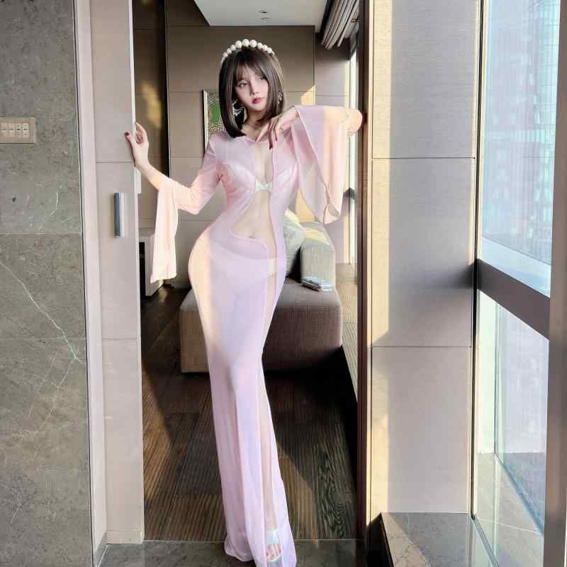 ワンピース レディース セクシー シースルー メッシュ切り替え ロング丈 フレアスリーブ ラウンドネック 七分袖 パーティードレス ライトピンク ブラック ホワイト スパンデックス ストレッチ素材