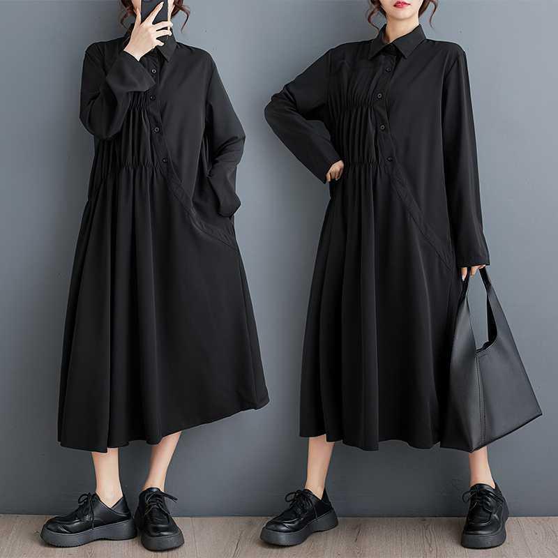 ワンピース レディース 春夏 ゆったり 体型カバー 着痩せ効果 アシンメトリー ギャザーデザイン 長袖 ミモレ丈 リネン 無地 シャツカラー ブラック モード系 フリーサイズ