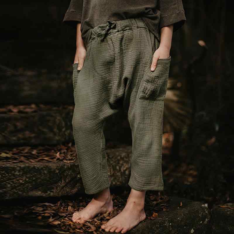 キッズ 男の子 女の子 防蚊加工 虫よけ 薄手 ダブルガーゼ ウエストゴム ゆったり シンプル カジュアル 部屋着 ハーレムパンツ サルエルパンツ 9分丈 クロップドパンツ 春夏 コットン