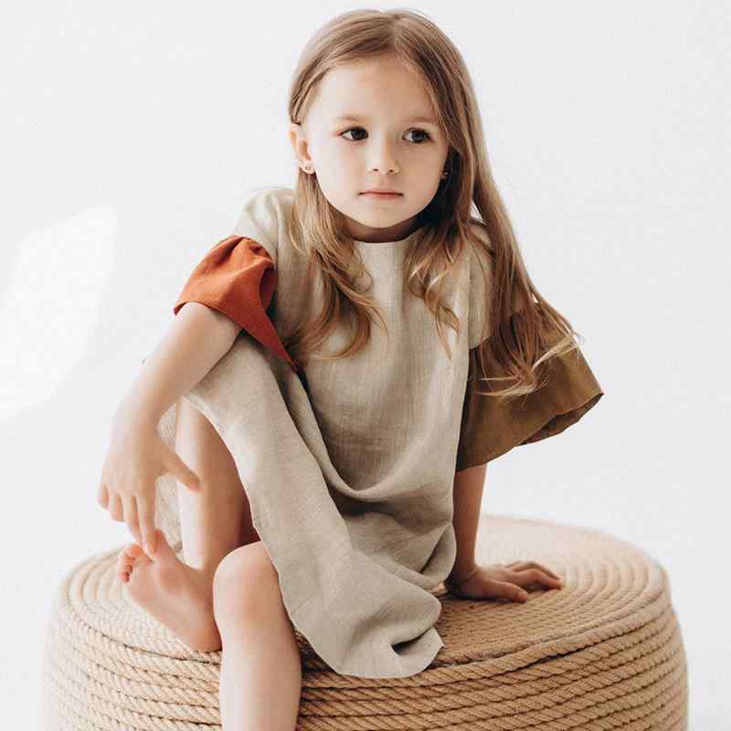 ワンピース 女の子 キッズ 子供服 プリンセス風 綿麻 切り替え 配色 フリル デザイン ロング丈 春夏 ナチュラル 肌に優しい 普段着 お出かけ 通園 発表会