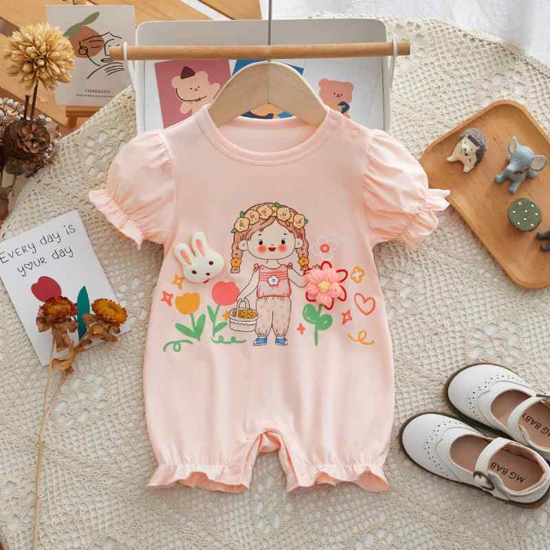 新生児 ベビー ロンパース 女の子 かわいい 立体小花 半袖 薄手 夏用 綿90％以上 肌に優しい 吸湿性 通気性 韓国風 おしゃれ ピンク 出産祝い ギフト カバーオール 赤ちゃん服