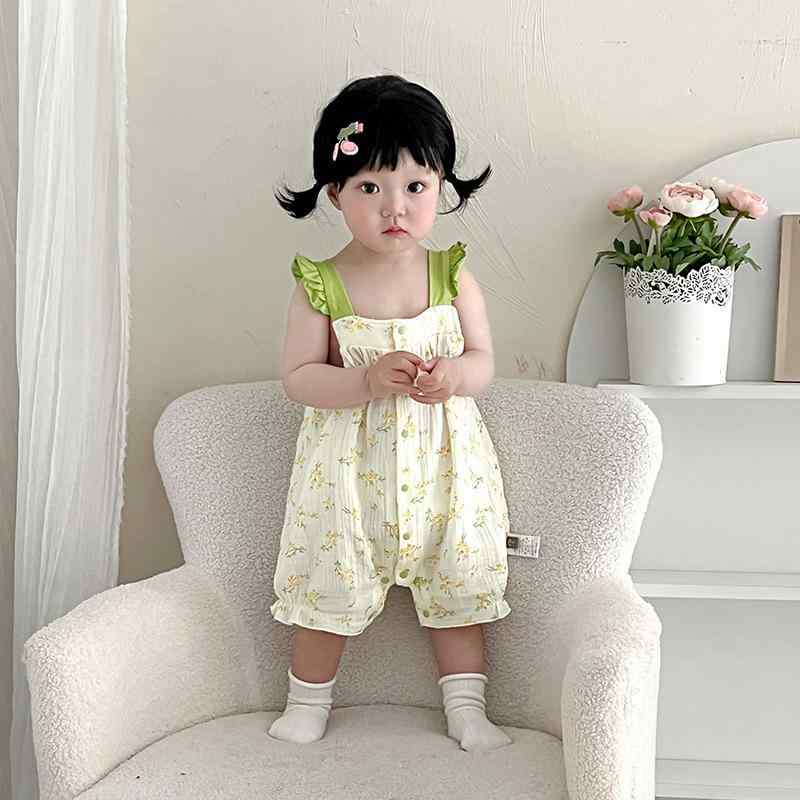 ロンパース 女の子 ベビー服 新生児 綿100% 薄手 ノースリーブ 前開き スナップボタン 夏 カバーオール 満月祝い 百日祝い 韓国風 ナチュラル グリーン 安全基準Aクラス ショート丈