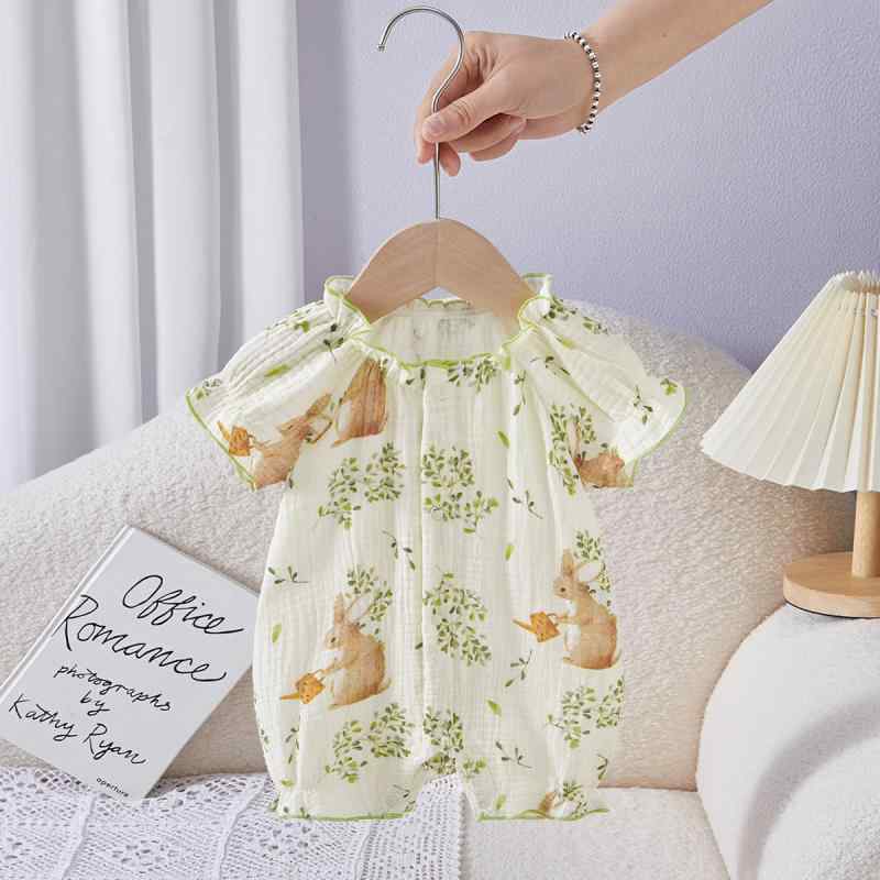 ベビー服 ロンパース カバーオール プレイスーツ 子供服 女の子 新生児 0歳 1歳 うさぎ フレンチデザイン 通気性 ガーゼ 夏物 半袖 薄手 綿 肌に優しい 前開き