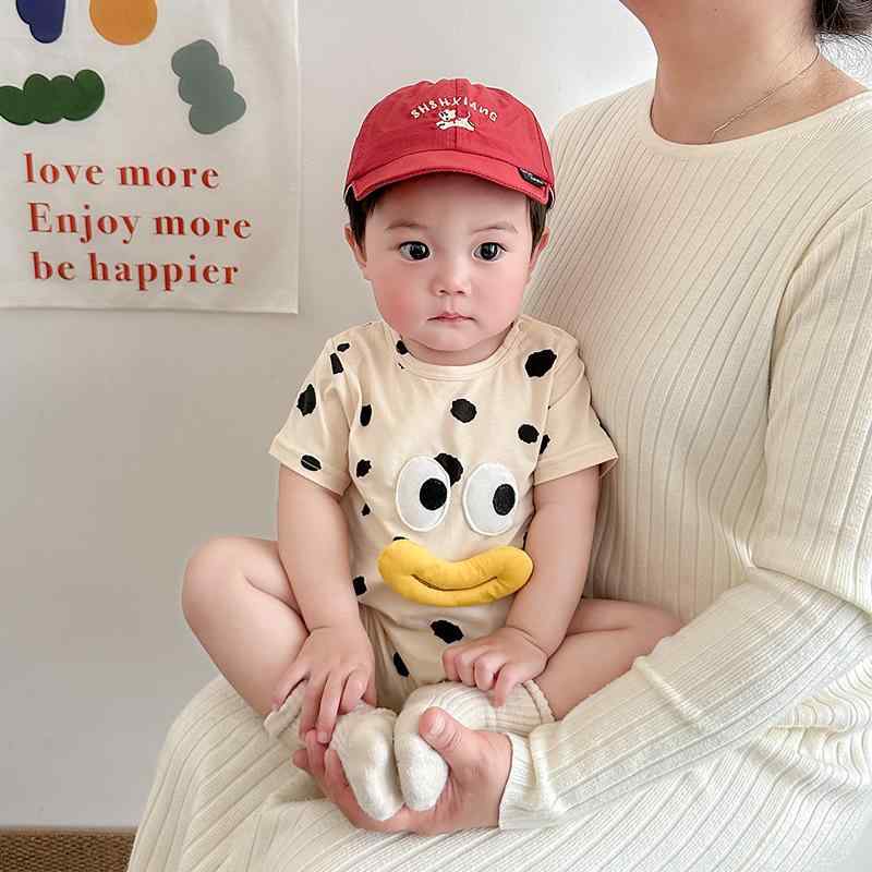 ロンパース ベビー 男の子 新生児 肌に優しい 綿素材 吸湿性 通気性 半袖 薄手 春夏 立体口モチーフ かわいい 韓国風 パジャマ カバーオール