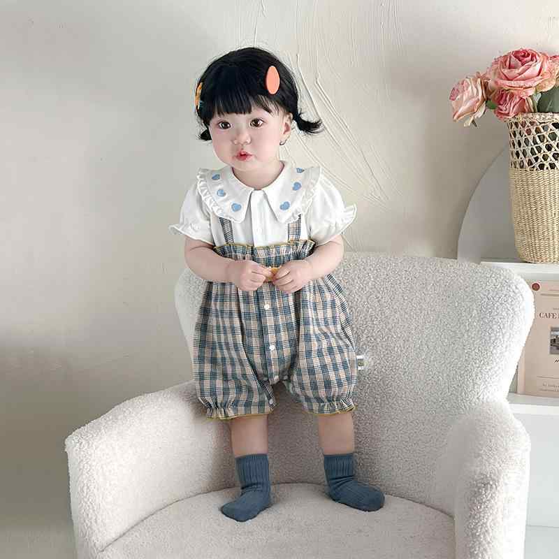 ロンパース ベビー 女の子 新生児 半袖 薄手 夏用 綿 コットン 前開き 韓国風 おしゃれ カバーオール ルームウェア パジャマ チェック柄 ハート柄 ブルー 出産祝い
