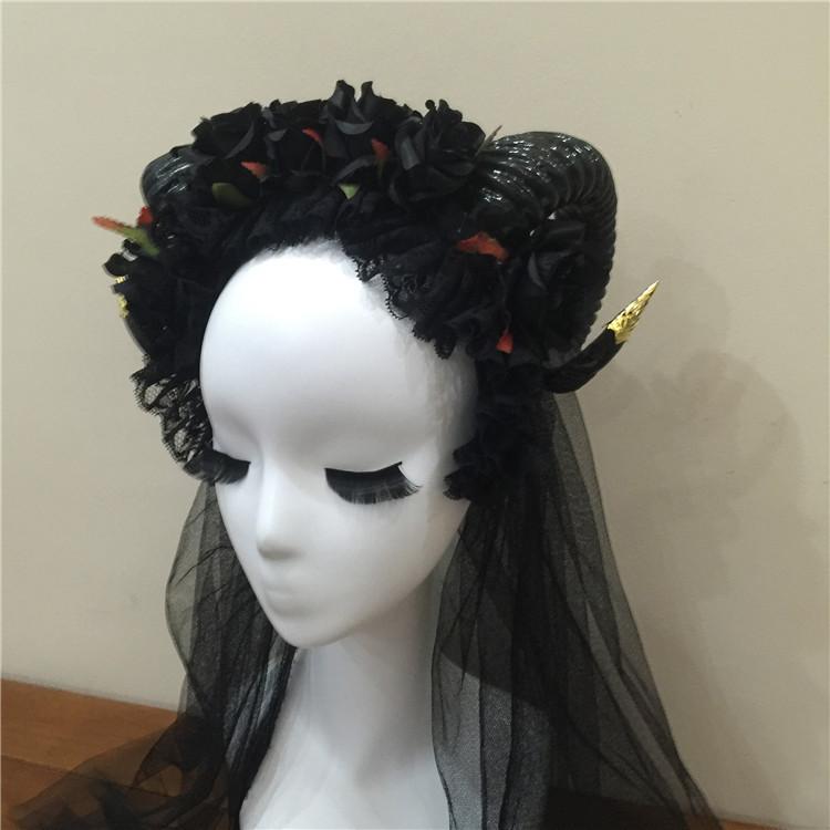 ヘッドドレス ゴシック ローズ レース 羊の角 ヴァンパイア デビル 悪魔系 ベール付き ハンドメイド 樹脂製 コスプレ ハロウィン 髪飾り ヘアアクセサリー
