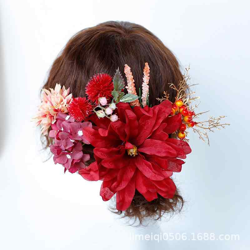 ヘアアクセサリー レディース 造花 髪飾り かんざし バレッタ 和風 中華風 ハンドメイド 布製 和装 着物 浴衣 成人式 卒業式 結婚式 ボヘミアン風 春夏 ワインレッド ライトブルー ゴールド