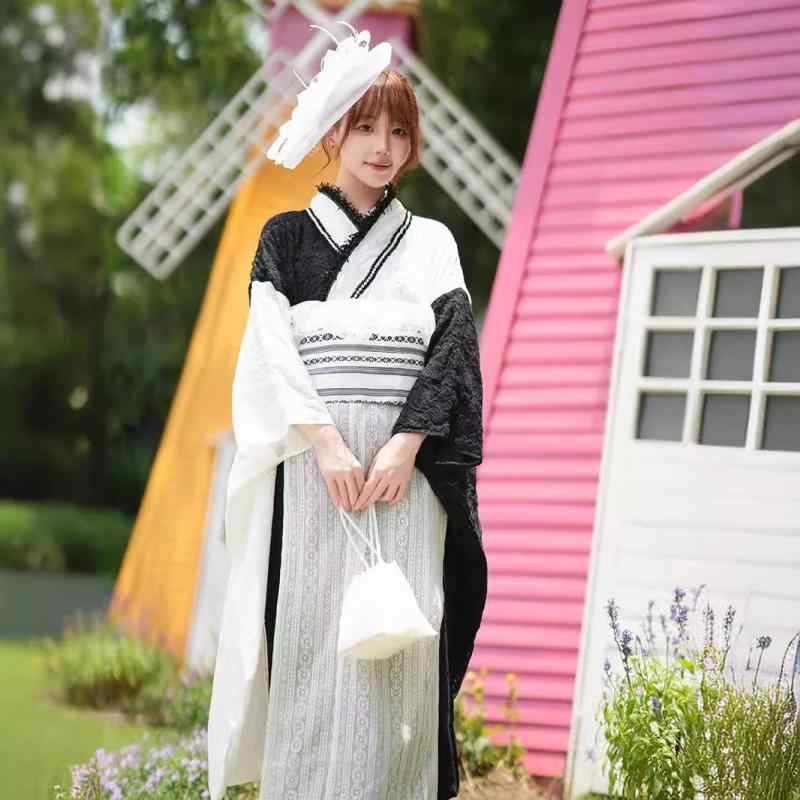 和服 レディース レース 大振袖 ポリエステル素材 白黒 改良 和装 和風 かわいい 卒業式 袴 礼装 フォーマル 舞台衣装 イベント用