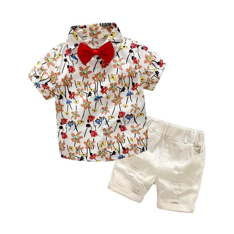 子供服 男の子 2点セット 半袖シャツ ショートパンツ 蝶ネクタイ 綿 コットン ソフトタッチ 欧米風 おしゃれ 花柄 春夏 リゾート カジュアル