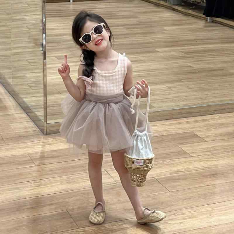 スカート セットアップ キッズ 女の子 ノースリーブ バックリボン ふんわりチュール 夏服 韓国子供服 ピンク格子 2点セット 綿素材 お出かけ 発表会 結婚式 フォーマル ドレス かわいい 子供服