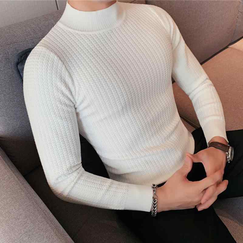 ハイネックニット メンズ 薄手 スリムフィット 通気性 長袖 Tシャツ カットソー ポリエステル カジュアル シンプル 韓国風 波柄 無地 秋冬