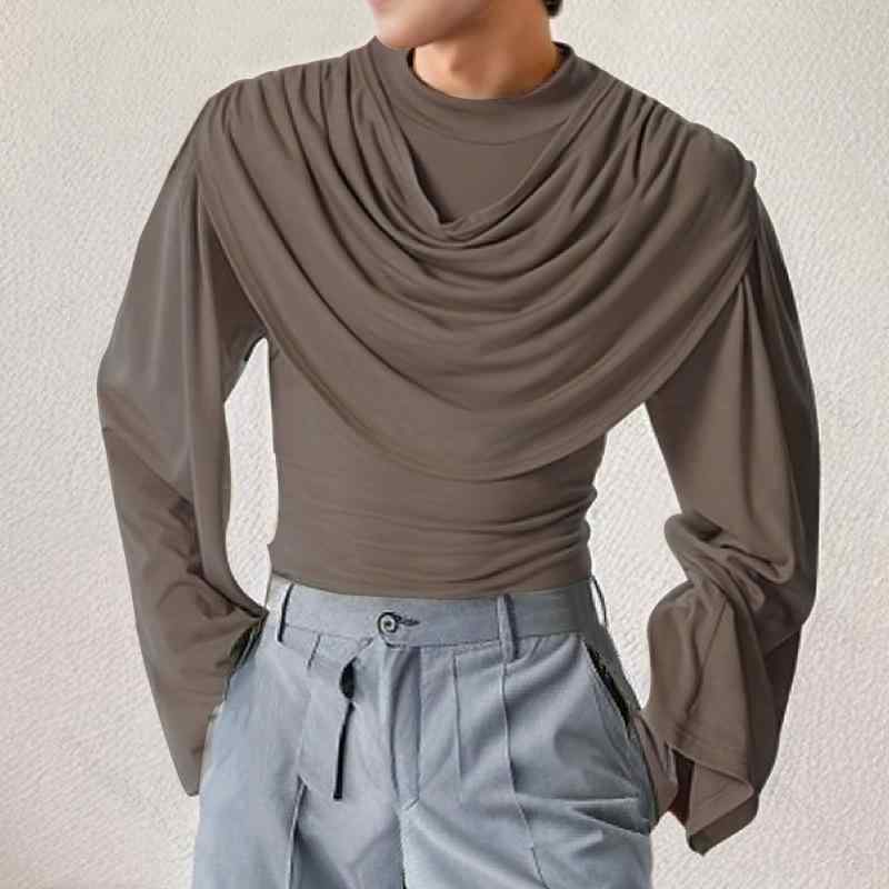 Tシャツ メンズ ハイネック ドレープネック 長袖 スリムフィット シンプルデザイン ポリエステル 通気性 防シワ 伸縮性 無地 春秋 ブラウン ブラック