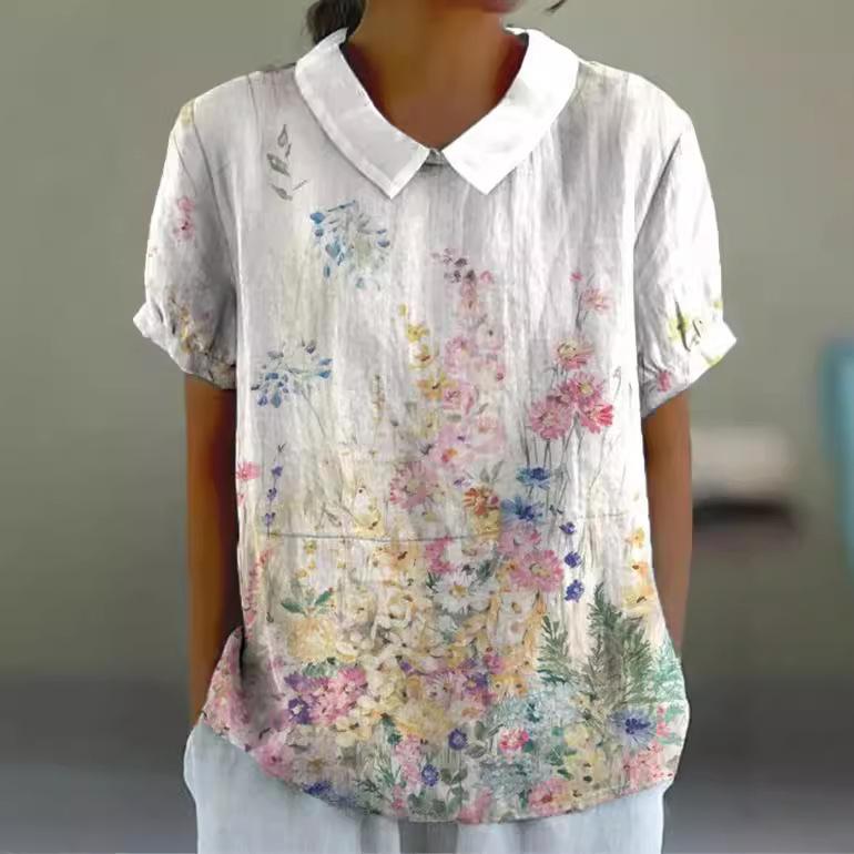 Tシャツ レディース 春夏 襟付き 半袖 プリント アニマル柄 プルオーバー トップス ゆったり スラブ生地 ポリエステル レギュラー丈 きれいめ カジュアル