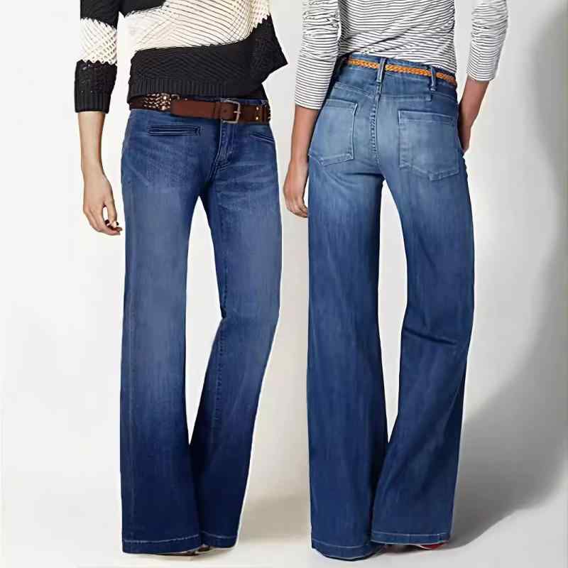 デニムパンツ レディース ワイドフレアパンツ 着痩せ 高ストレッチ ウォッシュ加工 ミドルウエスト 切り替え ダークブルー コットン スパンデックス 中厚手 ストリートカジュアル