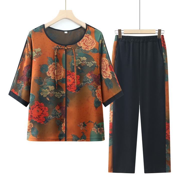 レディース セットアップ 半袖 Tシャツ カットソー ゆったり リラックス 薄手 軽量 プリント 花柄 ワイドパンツ イージーパンツ クロップド丈 9分丈 ポリエステル カジュアル 2点セット