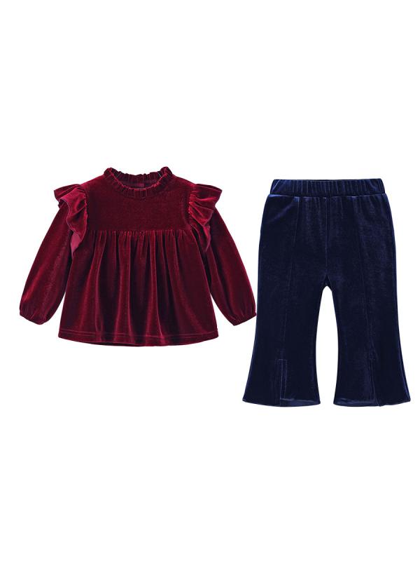 キッズ 女の子 あったか 保温 ベルベット 長袖 パンツ セットアップ ワインレッド 深紅色 レトロ シンプル 春秋 冬 2点セット 普段着 お出かけ ルームウェア