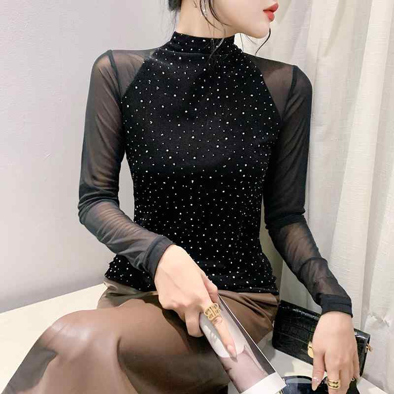 Tシャツ レディース スリムフィット 切り替え ラインストーン 長袖 プルオーバー ハイネック ベロア メッシュ ドット柄 通勤用 オフィス 秋冬