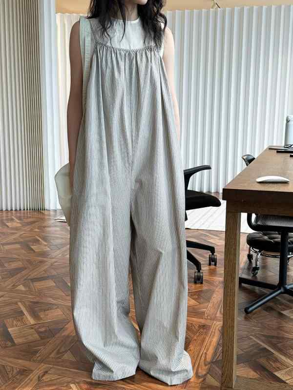 サロペット レディース オールインワン ワイドパンツ ロング丈 ノースリーブ シェニール 縦ストライプ柄 レトロ カジュアル ゆったり 楽ちん ウエストゴム 接触冷感 薄手 春夏｜モズラボ