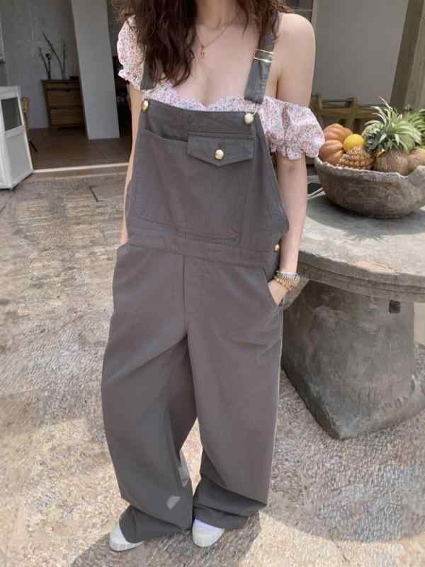 サロペットパンツ レディース オールインワン 大層らしい櫂 広広としたズボン下 薄っぺら 人付き合い冷感 ゆったり カーゴパンツ レトロ 心地好い 合わせる能力のある 肩紐 通い 春夏 カーキ 薄墨色