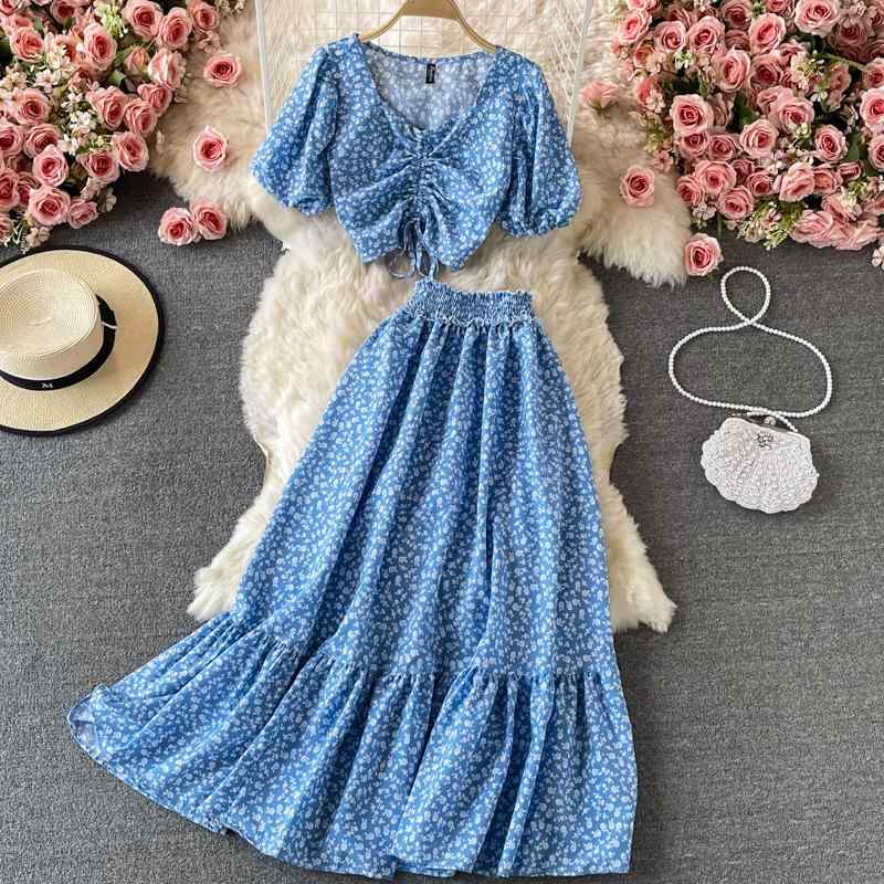 セットアップ レディース 春夏 シフォン 小花柄 ハイウエスト Aライン フレア ロングスカート 半袖 パフスリーブ ショート丈 ブラウス 2点セット 通勤 オフィス エレガント