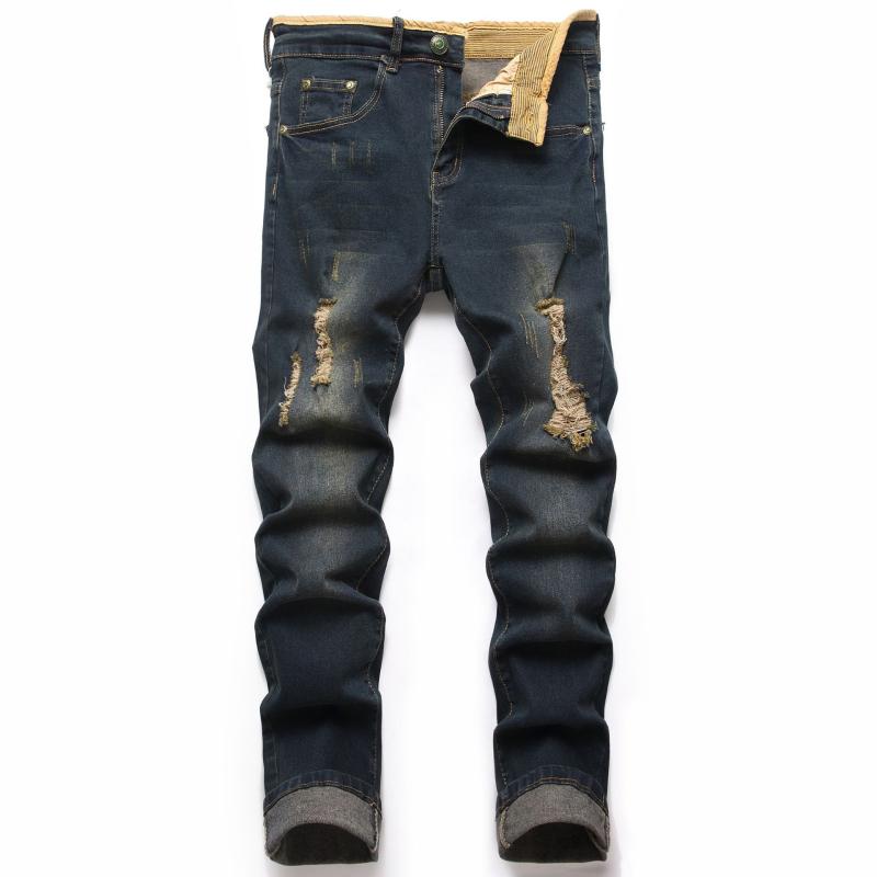 デニムパンツ メンズ ストレッチ 伸縮性 ウォッシュ加工 ブリーチ加工 レトロ ヴィンテージ風 ストレート カジュアル コットン オールシーズン ブルー ミッドウエスト ジッパーフライ