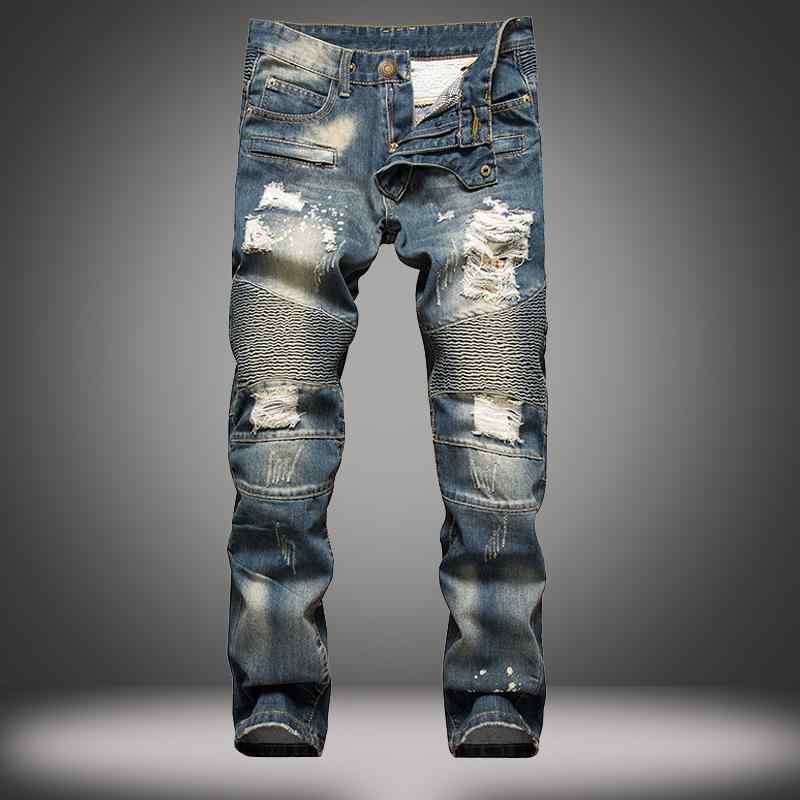デニムパンツ メンズ ダメージ加工 ストレート バイカー ヴィンテージ風 ユーズド加工 ヒゲ加工 色落ち コットン カジュアル 欧米スタイル ミドルウエスト 4,424円
