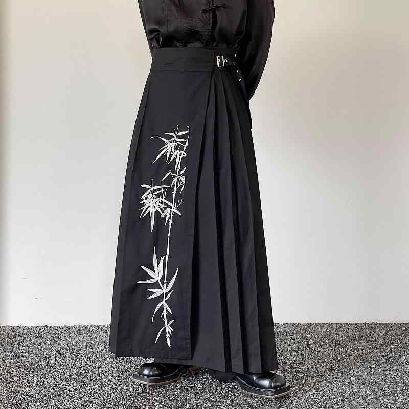 パンツ メンズ 中華風 改良 プリーツ 袴風ワイドパンツ レトロ 竹柄 刺・墸 Aラインシルエット モード系 ポリエステル素材 デイリーユース オールシーズン対応 ブラック