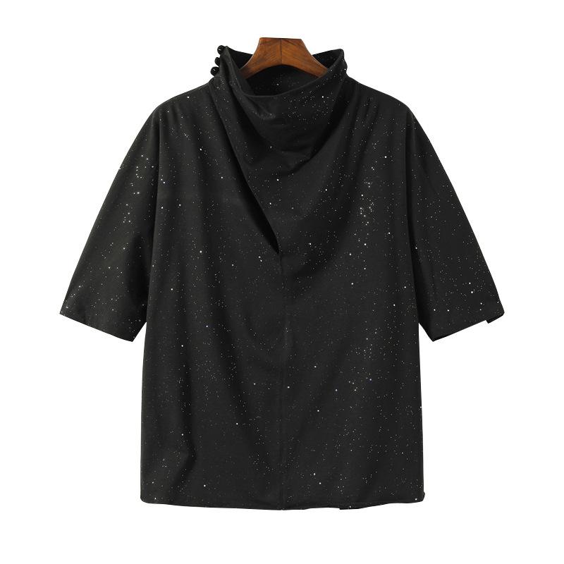 Tシャツ メンズ 半袖 ルーズハイネック きらめく星柄 グリッター 薄手 軽量 ゆったり ビッグシルエット カジュアル 普段着 黒 夏物