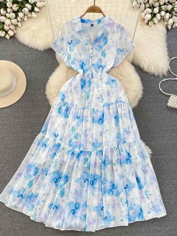 ワンピース レディース フェミニン 花柄 ロング丈 フレンチ レトロ 上品 半袖 ポロ襟 ウエストシャーリング 細見え Aライン ハイウエスト 春夏 スウィート