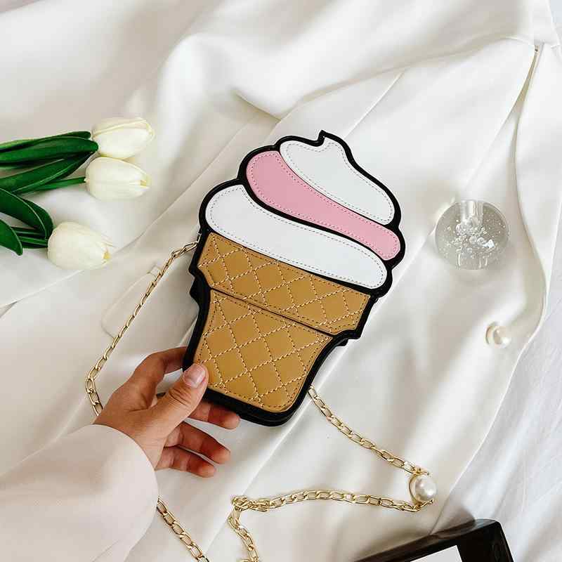 ミニショルダーバッグ レディース かわいい 個性的 アイスクリーム ケーキ デザイン ポップ チェーンストラップ 斜めがけ PUレザー ファスナー開閉 内部ポケット付き コンパクト やわらかい 秋冬
