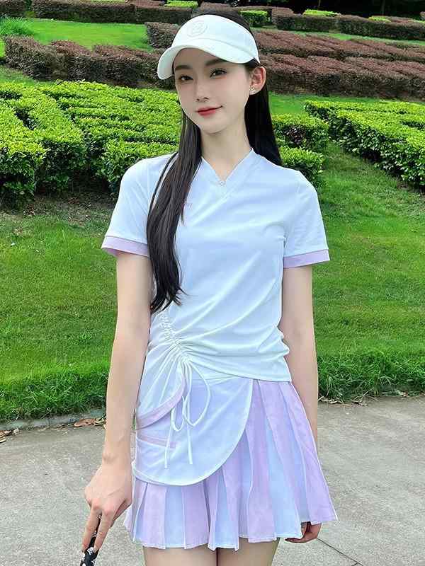 吸汗速乾 ゴルフウェア レディース 半袖トップス キュロット セットアップ スタイリッシュ 春夏 TASHI GOLF ホワイト パープル スポーツ アウトドア 高伸縮