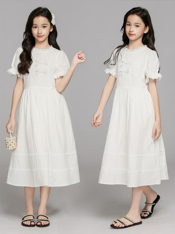 ワンピース 女の子 ジュニア 夏 半袖 フリル リボン かわいい 韓国ファッション Aライン コットン素材 おしゃれ お出かけ 発表会 フォーマル プリンセスドレス