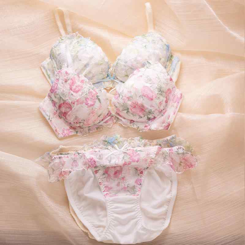 ブラジャー ショーツ セット レディース 谷間メイク 小胸さん向け 3/4カップ 薄手モールドカップ 花柄 レース ナイロン 綿 快適 上品 エレガント ピンク グリーン 下着 ランジェリー