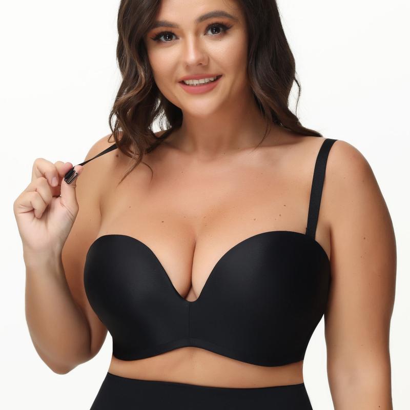 ブラジャー レディース ノンワイヤー ストラップレス 薄手 スムース 谷間メイク セクシー 大きいサイズ シームレス フルカップ バックデザイン 快適な着心地 取り外し可能ストラップ 後ろホック 綿混