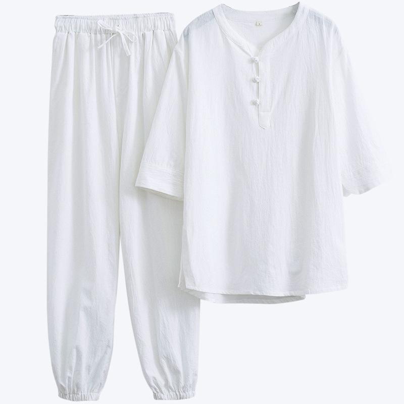 セットアップ メンズ 中国風 漢服 唐装 長袖Tシャツ ショートパンツ 綿麻素材 春夏 薄手 快適 部屋着 リラックスウェア 大人カジュアル