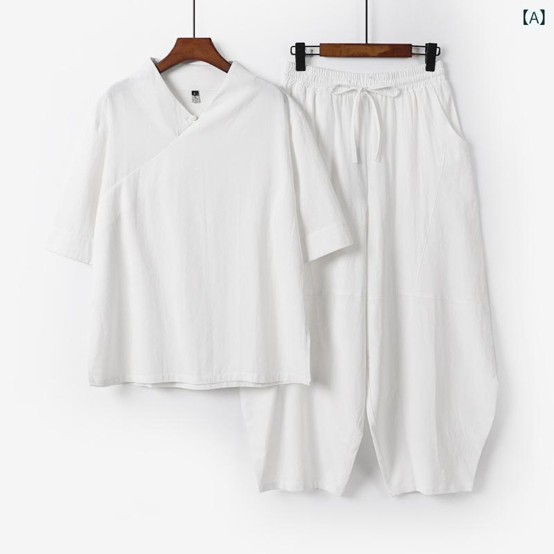 メンズ カジュアルセットアップ 中国風 禅スタイル 作務衣風 綿麻 七分袖Tシャツ 九分丈パンツ レトロ 古風 切り替え 袖口ボタン ルームウェア 通年